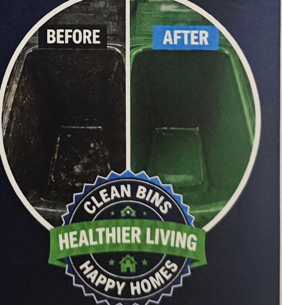Side by side comparison of a filthy trash bin before cleaning and a spotless green bin after cleaning